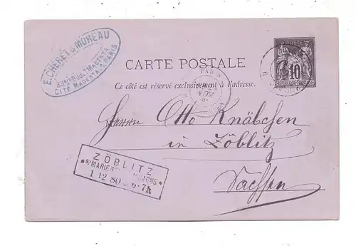 0-9340 MARIENBERG - ZÖBLITZ, Kasten - Ankunftsstempel 1880, Postkarte aus Paris