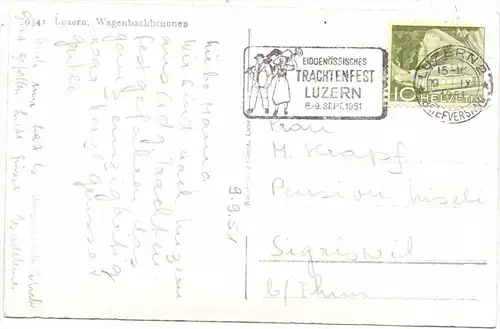 CH 6000 LUZERN LU, Wagenbachbrunnnen, Sonderstempel "Eidgenössisches Trachtenfest 1951"