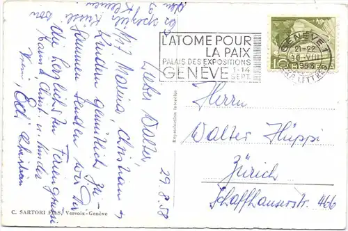 CH 1200 GENEVE / GENF GE, Le Jet d'eau, Sonderstempel EXPO "L'ATOME POUR LA PAIX" 1958