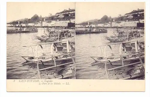 CH 6900 LUGANO TI, Stereo-Karte, Hafen und Hotels, Binnenschiff