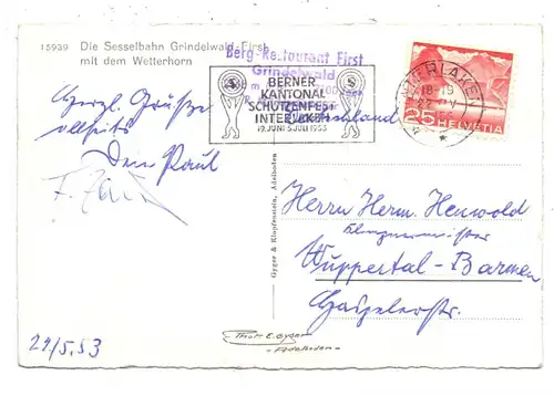 CH 3818 GRINDELWALD BE, Sesselbahn, Sonderstempel Kantonal Schützenfest 1953