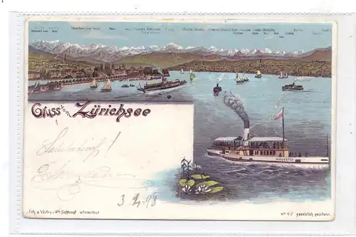 CH 8000 ZÜRICH ZH, Gruss vom Zürichsee, Binnenschiffe, Lithographie 1898, leichter Stempeldurchdruck