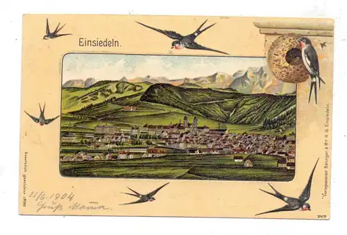 CH 8840 EINSIEDELN SZ, Gesamtansicht, Schwalben, Schwalbennest, teils geprägt, 1904, Benziger