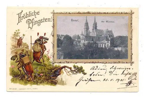 CH 4000 BASEL BS, Münster im Passepartout-Rahmen, "Fröhliche Pfingsten", Präge-Karte, relief, embossed, 1901