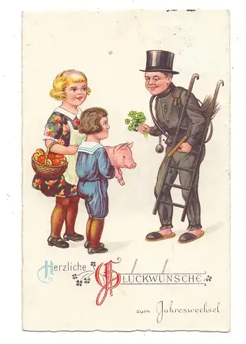 BERUFE - SCHORNSTEINFEGER / CHIMNEY SWEEPER, Schornsteinfeger mit 2 Kindern und Glückssymbolen, 1931