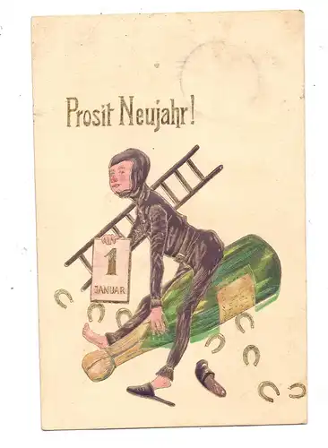 BERUFE - SCHORNSTEINFEGER / CHIMNEY SWEEPER, Schornsteinfeger reitet auf Champagnerflasche, geprägt / embossed