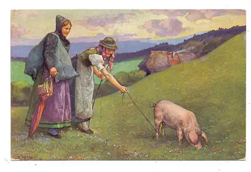 LANDWIRTSCHAFT - Schwarzwälder Landleben, Schweinehirtin, Künstler-Karte F. REIS, 1912