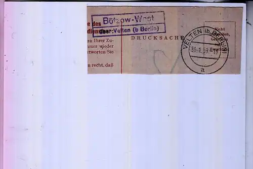 0-1420 VELTEN, Landpoststempel Ausschnitt, "Bützow-west über Velten (b.Berlin), 1959, auf Karton aufgeklebt