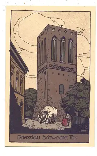 0-2130 PRENZLAU, Schwedter Tor, Pferdefuhrwerk, Steindruck