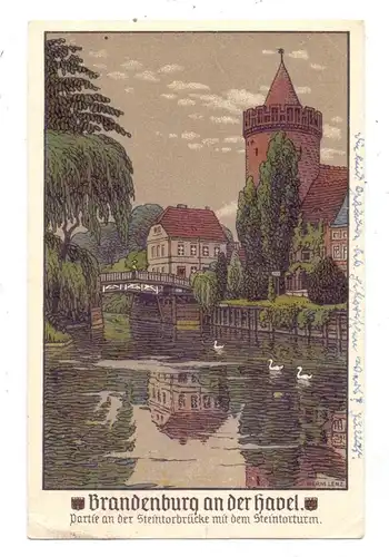 0-1800 BRANDENBURG, Partie an der Steintorbrücke mit dem Steintorturm, Steindruck, 1924