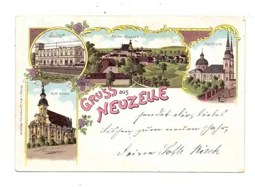 0-1222 NEUZELLE, Lithographie 1902, Bahnhof, Kirchen, Kloster, Bahnpost Berlin - Liegnitz