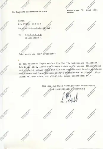 Autograph - Bayerischer Justizminister Dr.Philipp Held, 1966-74, Schrb. an Landgerichtspräsident Dr. Hahn, Bamberg