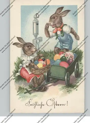 OSTERN - Hasenpaar mit Bollerwagen und Mikrophon