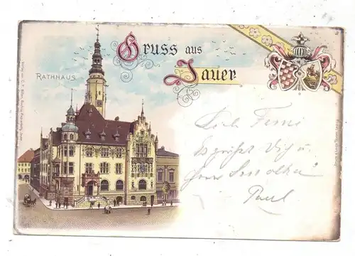 NIEDER-SCHLESIEN - JAUER / JAWOR, Lithographie 1898, Rathaus, Stadtwappen, Bahnpost Frankenstein-Raudten
