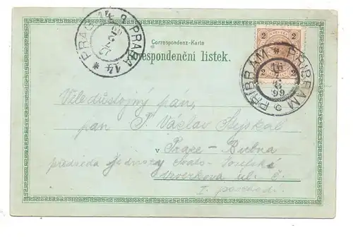 BÖHMEN & MÄHREN - PRIBRAM / FREIBERG, Wallfahrtsort, Eisenbahn, Mondschein-Litho 1899