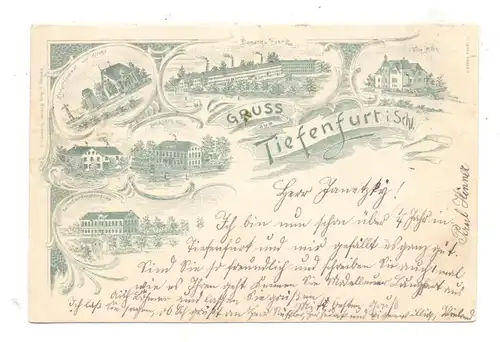 NIEDERSCHLESIEN - TIEFENFURT / PAROWA, Lithographie 1898, Fabrik, Gasthof, Villen, Schule, Kriegerdenkmal