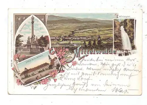 NIEDER-SCHLESIEN - MITTELWALDE / MIEDZYLESIE, Lithographie 1897, Schloss, Kirche, Rathaus, Mariensäule, Wasserfall