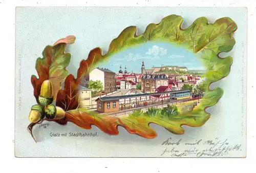NIEDER-SCHLESIEN - GLATZ / GLODZKO, Eichenblatt-Litho 1899, Glatz mit Stadtbahnhof
