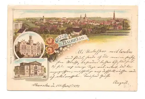 NIEDER-SCHLESIEN - BUNZLAU / BOLESLAWIEC, Lithographie 1894 !!!, Gymnasium, Stadttheater, Panorama