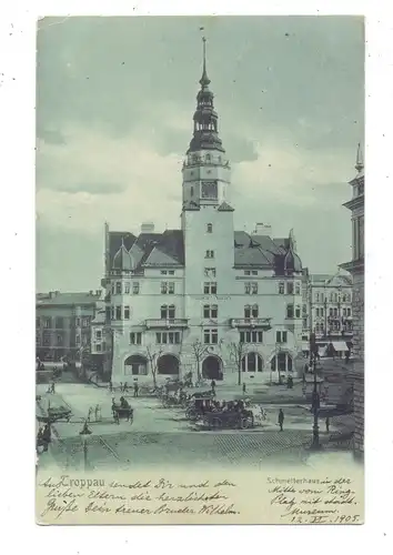 BÖHMEN & MÄHREN - TROPPAU / OPAVA. Schmetterhaus, belebte Szene, Kutschen, Bahnpost Troppau-Schönbrunn