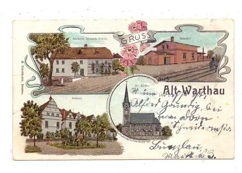 NIEDER-SCHLESIEN - ALT-WARTHAU / WARTA BOLESLAWIECK, Lithographie, Bäckerei Richard Schulz, Bahnhof, Schloss, Kirche