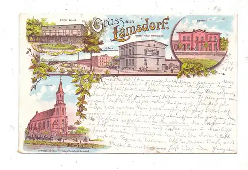 OBER-SCHLESIEN - LAMSDORF / LAMBINOWICE, Lithographie 1898, Bahnhof, Pusch's Bahnhofs Hotel, Ziers Maschinen Fabrik