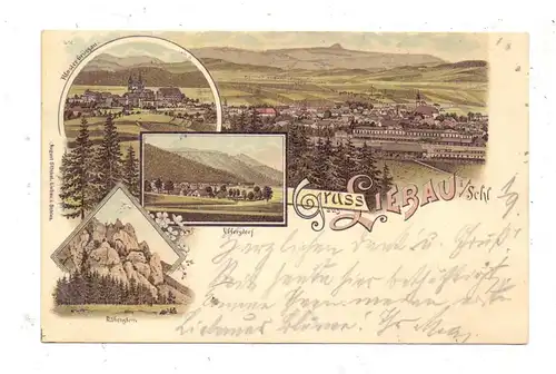 NIEDER-SCHLESIEN - LIEBAU / LUBAWKA,Lithographie 1897,Ortsansicht & Bahnhof, Uffersdorf, Rabenstein, Grüssau, Bahnpost