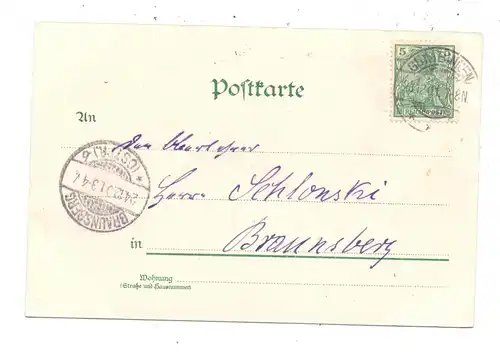 OSTPREUSSEN - GUMBINNEN / GUSSEW, Lithographie 1901, Prong's Mühle, Hauptwache, Kirche