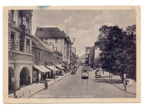 POSEN - BROMBERG / BYDGOSZCZ, Adolf-Hitler-Strasse, NS-Fahnenschmuck, Strassenbahn, kl. Tintenflecken
