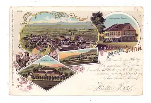 BÖHMEN & MÄHREN - MARIASCHEIN / BOHOSUDOV, Lithographie 1899, Hotel t. goldenen Brunnen, Kirche, Collegium, Dorfansicht