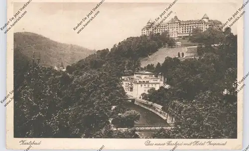 BÖHMEN & MÄHREN - KARLSBAD / KARLOVY VARY, Das neue Gasbad mit Hotel Imperial, 1938, aptierter Stempel