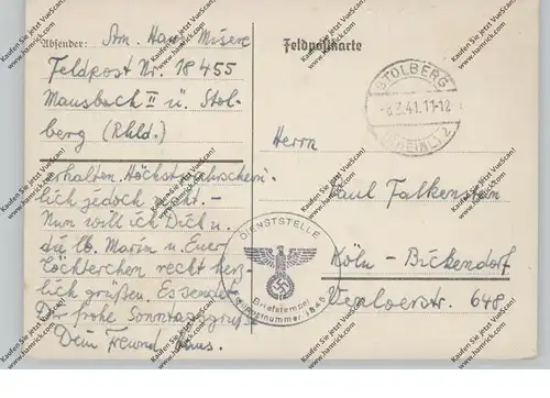 5190 STOLBERG, Postgeschichte, RAD - Feldpost 18455 Mausbach, 1941