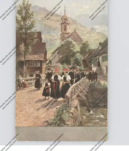 KÜNSTLER - ARTIST - WILHELM HASEMANN, "Kirchgang in Gutach" Serie IV, Nr.8 Schwarzwald-Trachten