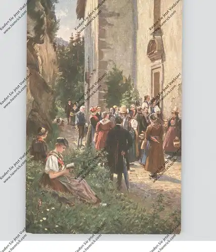 KÜNSTLER - ARTIST - WILHELM HASEMANN, "Vor der Wallfahrtskirche" Serie VI, Nr.3 Schwarzwald-Trachten