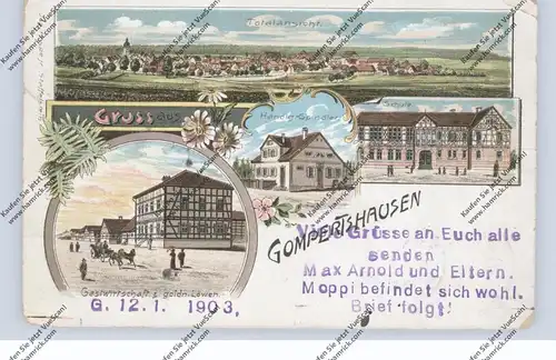 0-6112 HELDBURG - GOMPERTSHAUSEN, Lithographie, Gasthof, Handlung, Schule, Gesamtansicht, kl. Eckknick