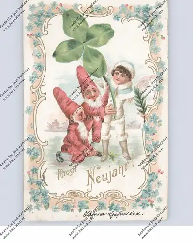 ZWERGE / Gnome / Dwarfs / Nani - Präge-Karte / relief / embossed, Kleeblatt, Englein