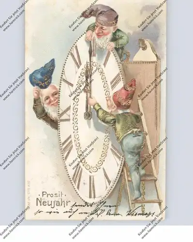 ZWERGE / Gnome / Dwarfs / Nani - Zeppelin, Präge-Karte / relief / embossed, Uhr