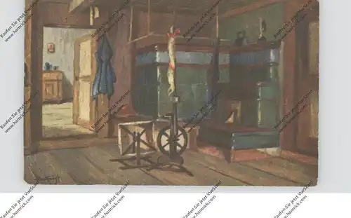 KÜNSTLER - ARTIST - G. KULLRICH, Aus dem Schwarzwald, Wohnraum, Ofen, Spinnrad