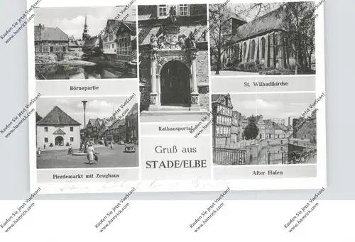 2160 STADE, Mehrbild-AK, Pferdemarkt, VW-Käfer Cabrio, Alter Hafen, Börnepartie, Rathausportal, St.Wilhaldikirche, 1956
