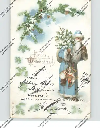 WEIHNACHTEN / NIKOLAUS / WEIHNACHTSMANN / SANTA, Weihnachtsmann mit Geschenken, bleuer Mantel, 1901
