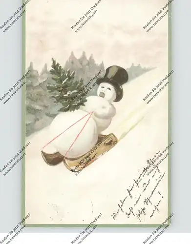 SCHNEEMANN / Snowman / Bonhomme de neige / Sneeuwpop / Schneemann auf Schlitten mit Tannebaum, geprägt / embossed 1909,