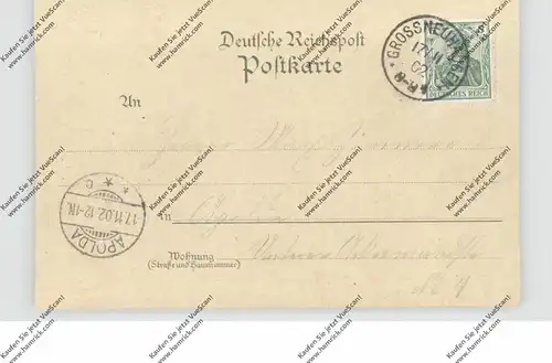 0-5231 KLEINNEUHAUSEN / Kölleda, Lithographie, Gasthof zur Linde, Lindenplatz, Pfarrhaus & Schule, Kirche