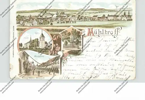 0-6575 PAUSA - MÜHLTROFF, Lithographie, Kirche, Schloß, Marktplatz, Kriegerdenkmal, Gesamtdorfansicht