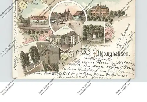 0-6110 HILDBURGHAUSEN, Lithographie 1898, Bahnhof, Kaserne, Postamt, Markt, Denkmäler, Aussichtsturm