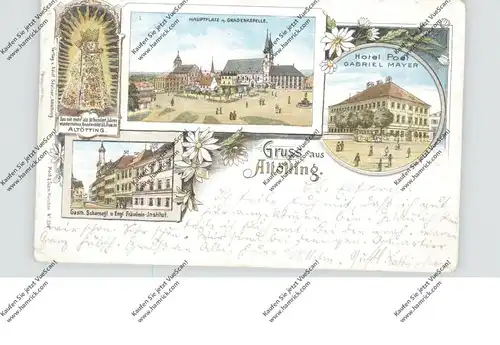 8262 ALÖTTING, Lithographie 1897, Hotel Post, Gasthaus Scharnagl & Engl. Fräulein Institut, Hauptplatz...