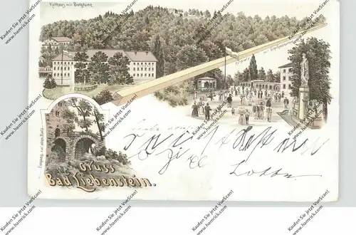 0-6202 BAD LIEBENSTEIN, Lithographie 1900, Kurplatz, Kurhaus, Eingang zur alten Burg, rück. dünne Stelle