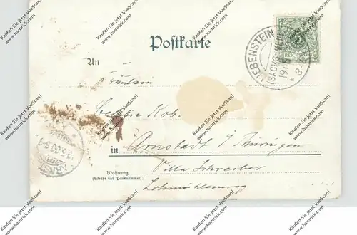 0-6202 BAD LIEBENSTEIN, Lithographie 1900, Kurplatz, Kurhaus, Eingang zur alten Burg, rück. dünne Stelle