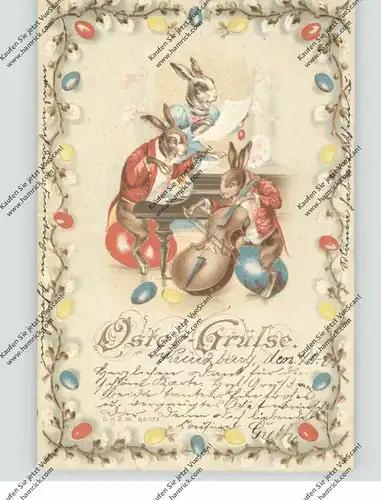 OSTERN - Musizierende Hasenfamilie, Piano / Cello, 1901, Präge-Karte, embossed, relief