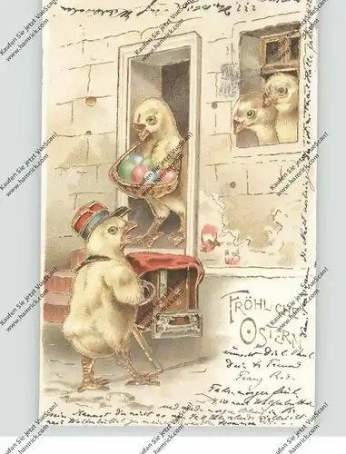 OSTERN - Küken mit Leierkasten / Boite de lyre / Lyre Box, 1902, Präge-Karte, embossed / relief