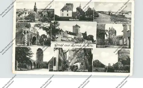 4047 DORMAGEN - ZONS, Rheinpartie - Schiffsanleger, Juddenturm, Rheinturm, Rheinstrasse LKW..., 1956, kl. Druckstelle